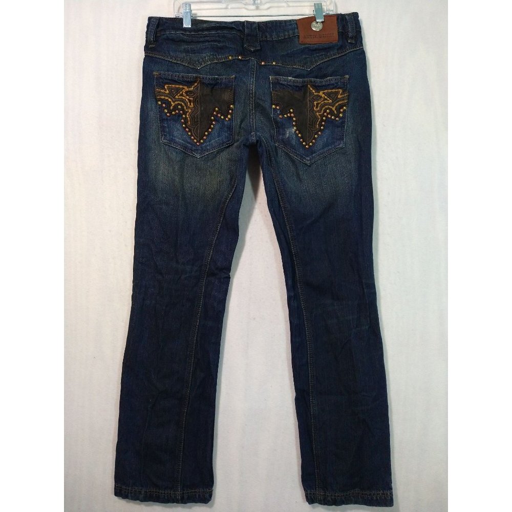 Antik Denim Jeans Mens 36 Straight Leg Rock Embellished Thick Stitch Button Fly
